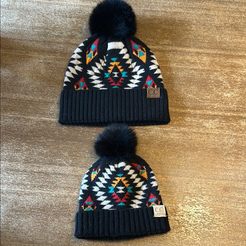 C.C Mommy and Mini Black Patterned Pom-Pom Beanie Set